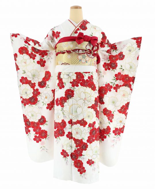 成人式振袖[aoi×レイラニ]白に白の八重桜と赤の枝垂桜[身長163cmまで 